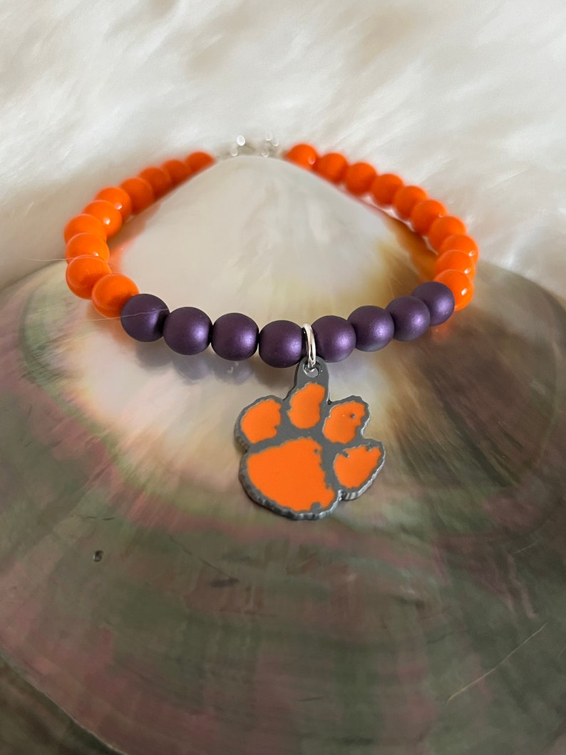 Clemson University Tigers Clemson Orange & Regalia Czech Glass beads Iconic Tiger Paw Football March Madness sports spirit bracelet image 1