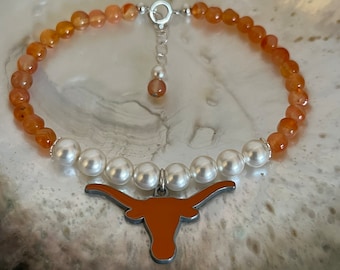 University of Texas Longhorns Carnelian Pearl Charm Bracelet Sterling Silver Clasp