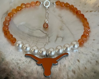 University of Texas Longhorns Natural Carnelian Burnt Orange and White Swarovski Pearls Enamel Longhorn Charm School spirit bracelet