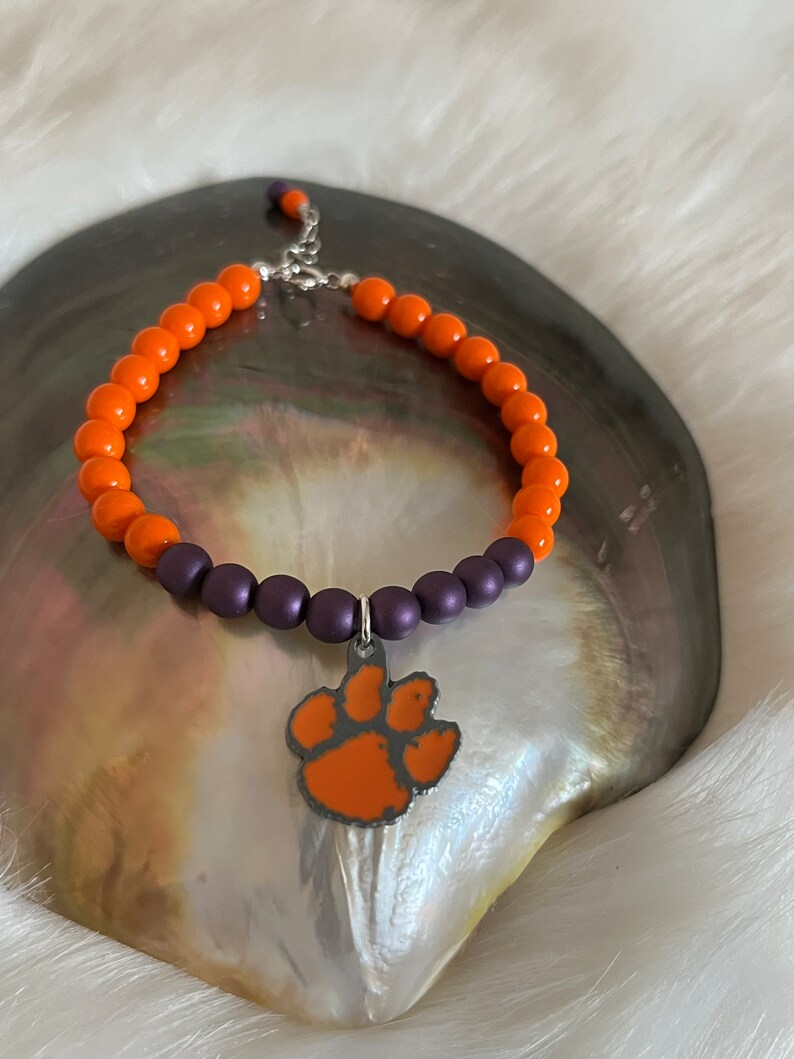 Clemson University Tigers Clemson Orange & Regalia Czech Glass beads Iconic Tiger Paw Football March Madness sports spirit bracelet image 3