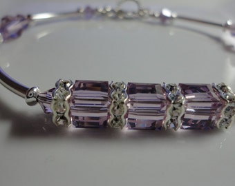 Light Amethyst Swarovski February Purple Birthstone - Cubed Crystal Sterling Bangle Bracelet