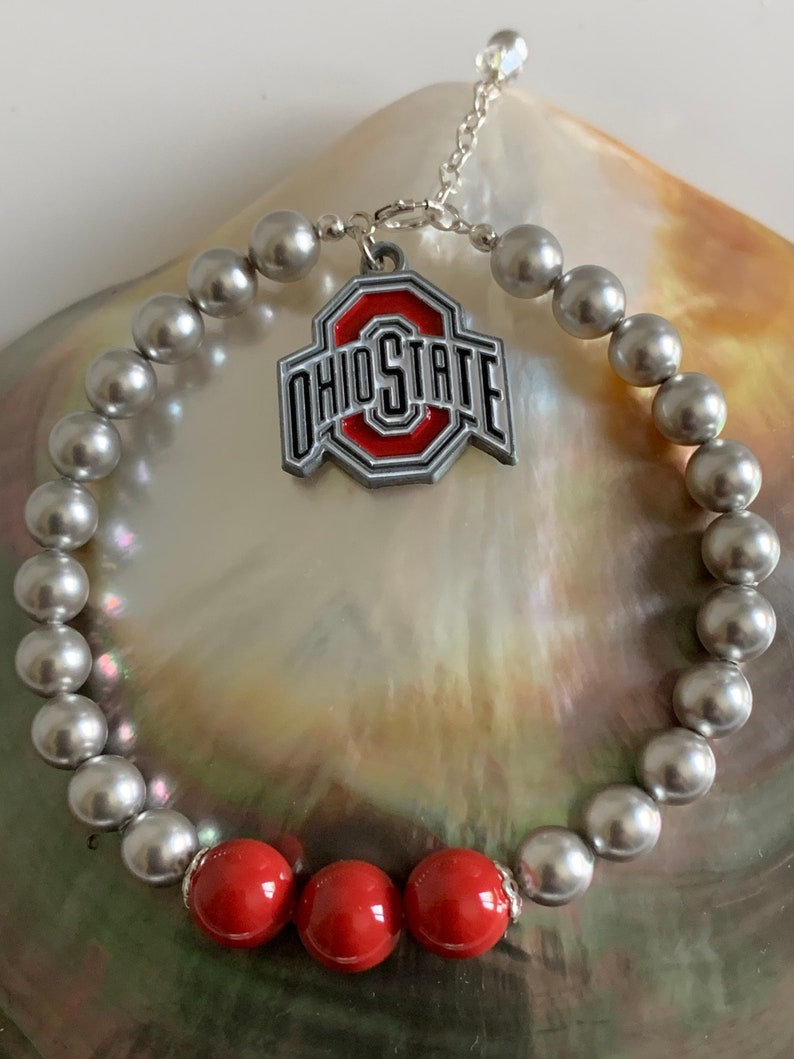 Ohio State University, OSU, Buckeyes Football Back to School Scarlet and Grey Swarovski pearl OSU enamel charm sterling silver bracelet image 1