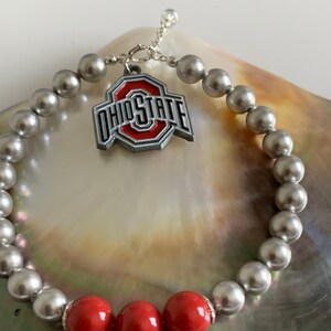 Ohio State University, OSU, Buckeyes Football Back to School Scarlet and Grey Swarovski pearl OSU enamel charm sterling silver bracelet image 2