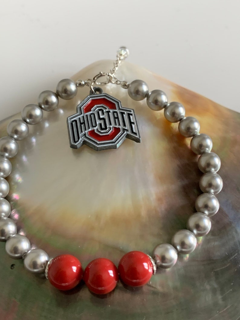 Ohio State University, OSU, Buckeyes Football Back to School Scarlet and Grey Swarovski pearl OSU enamel charm sterling silver bracelet image 2