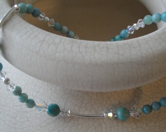 Turquoise Jasper, Crystal, and Sterling Silver Anklet with extender chain