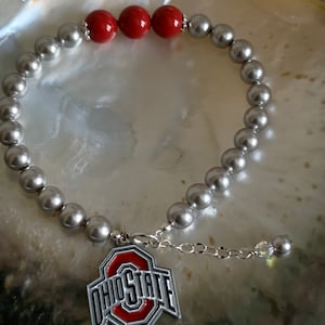 Ohio State University, OSU, Buckeyes Football Back to School Scarlet and Grey Swarovski pearl OSU enamel charm sterling silver bracelet image 5