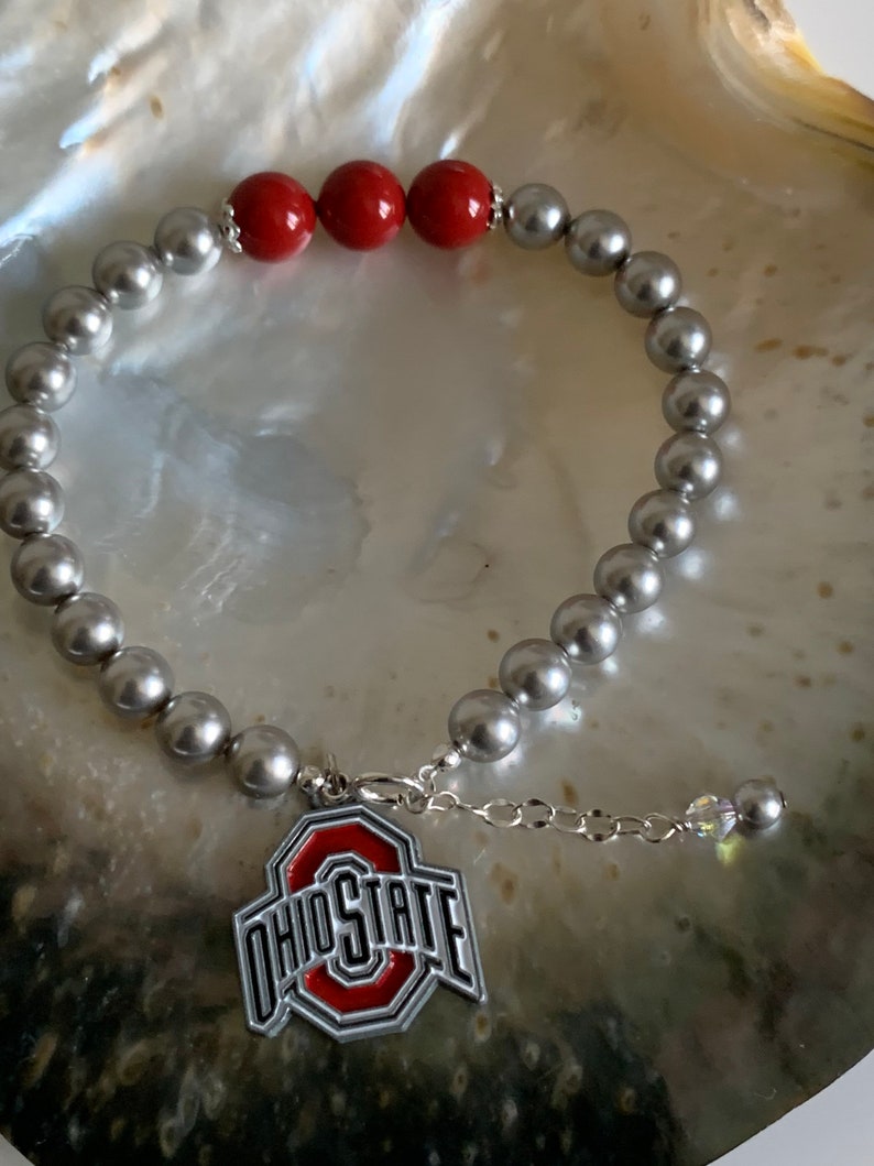 Ohio State University, OSU, Buckeyes Football Back to School Scarlet and Grey Swarovski pearl OSU enamel charm sterling silver bracelet image 5