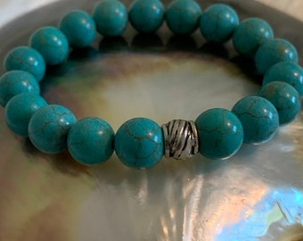 December birthstone Turquoise matrix blue veined 10mm beaded stretch bracelet with sterling silver