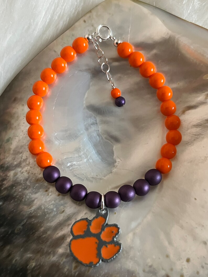 Clemson University Tigers Clemson Orange & Regalia Czech Glass beads Iconic Tiger Paw Football March Madness sports spirit bracelet image 6