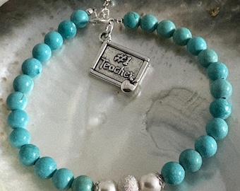 Best Teacher Back-to-School, End-of-Year  Number 1 Teacher Turquoise Matrix Pearl Sterling Silver Charm Bracelet Gift, Teacher Gifts