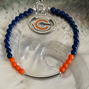Chicago Bears Football Navy Blue and Orange Pearl Charm Sterling Spirit Bracelet