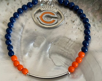 Chicago Bears, Staley Da Bear Mascot NFL Football Navy Blue and Orange Pearl  Paw Charm Sterling Spirit Bracelet