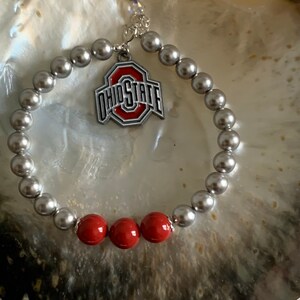Ohio State University, OSU, Buckeyes Football Back to School Scarlet and Grey Swarovski pearl OSU enamel charm sterling silver bracelet image 3