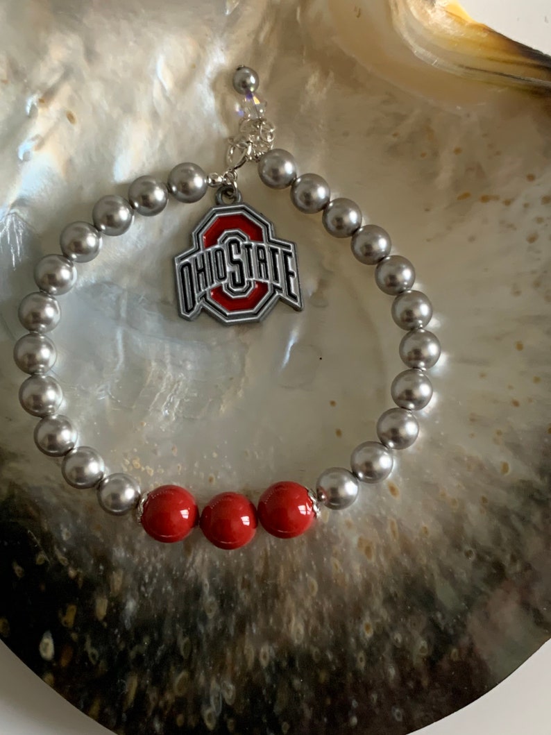 Ohio State University, OSU, Buckeyes Football Back to School Scarlet and Grey Swarovski pearl OSU enamel charm sterling silver bracelet image 3