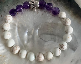 NYU Bobcat Natural Amethyst White Magnesite Paw Bracelet, Spirit Pride Jewelry