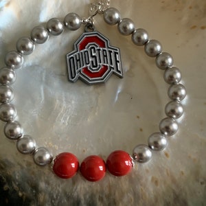 Ohio State University, OSU, Buckeyes Football Back to School Scarlet and Grey Swarovski pearl OSU enamel charm sterling silver bracelet image 4