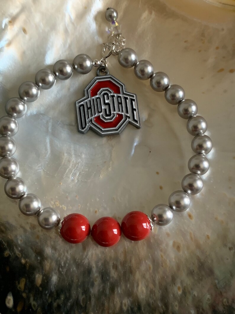 Ohio State University, OSU, Buckeyes Football Back to School Scarlet and Grey Swarovski pearl OSU enamel charm sterling silver bracelet image 4