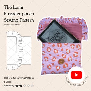 May include: A pink e-reader pouch with an orange leopard print pattern, a wooden button closure, and a ruffled top. The e-reader is visible inside the pouch. The text "The Lumi E-reader pouch Sewing Pattern" is displayed.