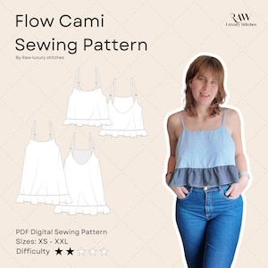 Vloeiend cami-naaipatroon pdf | Top met verstelbare riem | DIY zomertanktop | Maten XS–XXL | Digitale download | Geschikt voor beginners
