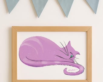 Sleepy Pink Cat Art Print: Whimsical Children's Room Decor