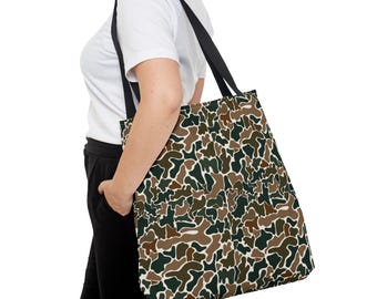 Retro Duck Camo Print Tote Bag, Eco-Friendly Polyester