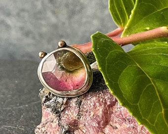 Sterling Silver Ring with Watermelon Tourmaline, Stackable Silver Ring,