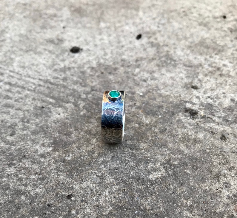 Single Stone Statement Ring Recycled Sterling Silver Beautiful Emerald Green Ring Handmade and Unique Textured Wide Band
