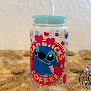 Stitch Starbucks Glass 16oz Cup with straw / Gift for parties