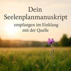Könnte beinhalten: Eine ruhige Landschaft mit einem grünen Grasfeld und einem sanften, goldenen Sonnenuntergang. Eine einzelne lila Blume steht im Vordergrund. Das Bild enthält den Text "Dein Seelenplanmanuskript empfangen im Einklang mit der Quelle."