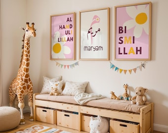 May include: A child's bedroom scene with a large giraffe toy, a wooden bench with storage, and three framed prints with floral and text designs. The prints have a pink background and are in wooden frames.