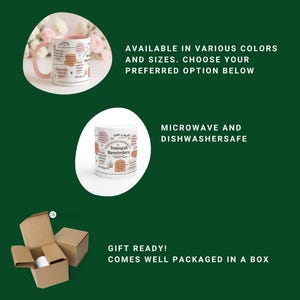 May include: White ceramic mug with a pink handle and rim, featuring the text "Tranquil Reminders" and various inspirational quotes. The image also shows the mug in a gift box, with text stating it is microwave and dishwasher safe.