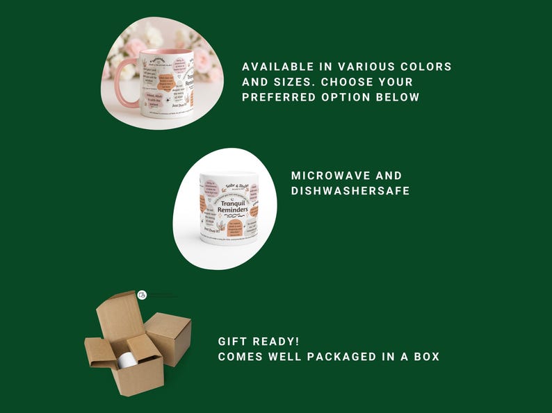 May include: White ceramic mug with a pink handle and rim, featuring the text "Tranquil Reminders" and various inspirational quotes. The image also shows the mug in a gift box, with text stating it is microwave and dishwasher safe.