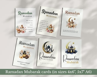 Könnte beinhalten: Sechs Ramadan Mubarak Grußkarten. Jede Karte zeigt Aquarellillustrationen von Laternen, Monden und floralen Elementen. Die Karten sind in den Größen 10x15 cm und 13x18 cm erhältlich.