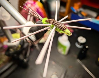 May include: A fishing fly lure featuring a bright lime green fuzzy body, dark brown wrapped segments, and long, thin, pale pink rubber legs extending outward. The lure is attached to a metal hook and is held in place by a metal fly tying vise.