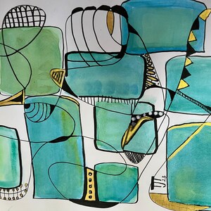 Türkis Gold Schwarzes Original Aquarell