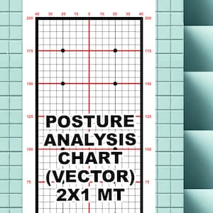 Puede incluir: Un gráfico de cuadrícula en blanco y negro con líneas rojas y puntos negros. El gráfico está etiquetado como "POSTURE ANALYSIS CHART (VECTOR) 2X1 MT".
