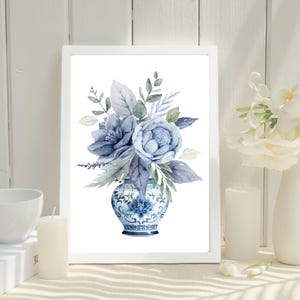 Quiet Elegance – Blue Floral Vase Wall Art Printable | Minimalist Botanical Digital Download, Chinoiserie Home Decor, Coastal Cottage Style