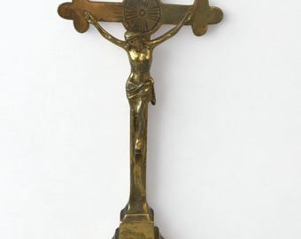 Vintage Brass Standing Crucifix -Catholic Home Altar Decor