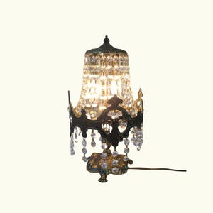 Vintage Crystal Table Lamp: Rococo Brass Accent, Frosted Glass Shade