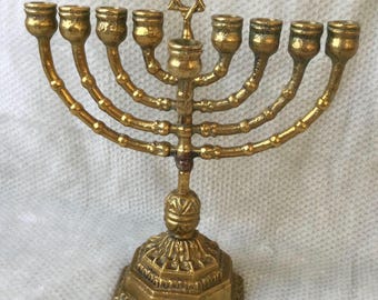 Vintage Brass Hanukkah Menorah: 9-Branch Jewish Candelabra