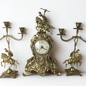 Rococo Style Mantel Clock & Candelabra Set: Bronze Knight Figures