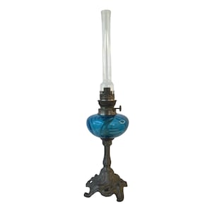 Victorian Oil Lamp: Ornate Brass Base, Cobalt Blue Glass