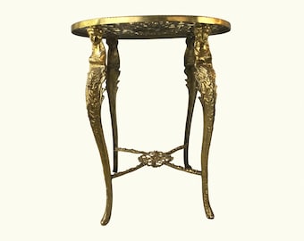 Rococo Bronze Side Table - Vintage Gilded Accent Table with Female Bust Legs