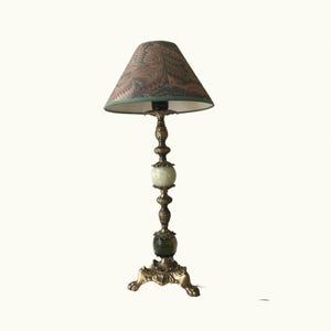 Vintage Brass Table Lamp: Onyx Marble Base, Patterned Shade, Claw Foot