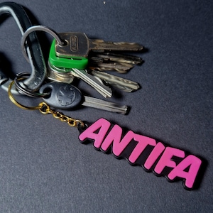 Può includere: Un mazzo di chiavi attaccato a un moschettone nero e a un portachiavi. Il portachiavi presenta la scritta "ANTIFA" in rosa con contorno nero. Le chiavi sono di varie dimensioni e forme, una con la testa in plastica verde.