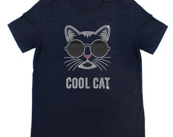 Cool Cat Sparkle Rhinestone T-Shirt, Rhinestone Tee, Sparkly, Bedazzled T-shirt, Gift For Her, Gift For Him