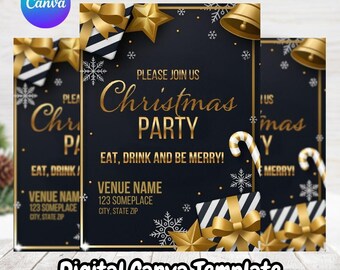 Christmas Party Flyer Template, Black and Gold Holiday Event Canva Template, Editable Printable Office Invitation, Digital Download