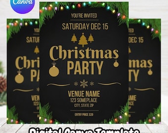 Christmas Party Flyer Template, Black and Gold Holiday Event Canva Template, Editable Printable Xmas Invitation, Digital Download