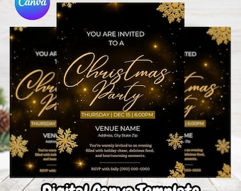 Elegant Christmas Party Flyer Template, Black and Gold Holiday Event Canva Template, Editable Printable Office Invitation, Digital Download
