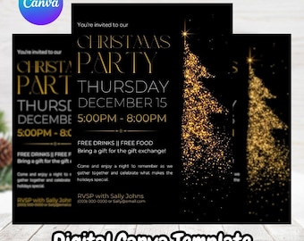 Elegant Christmas Party Flyer Template, Black and Gold Holiday Event Canva Template, Editable Printable Office Invitation, Digital Download